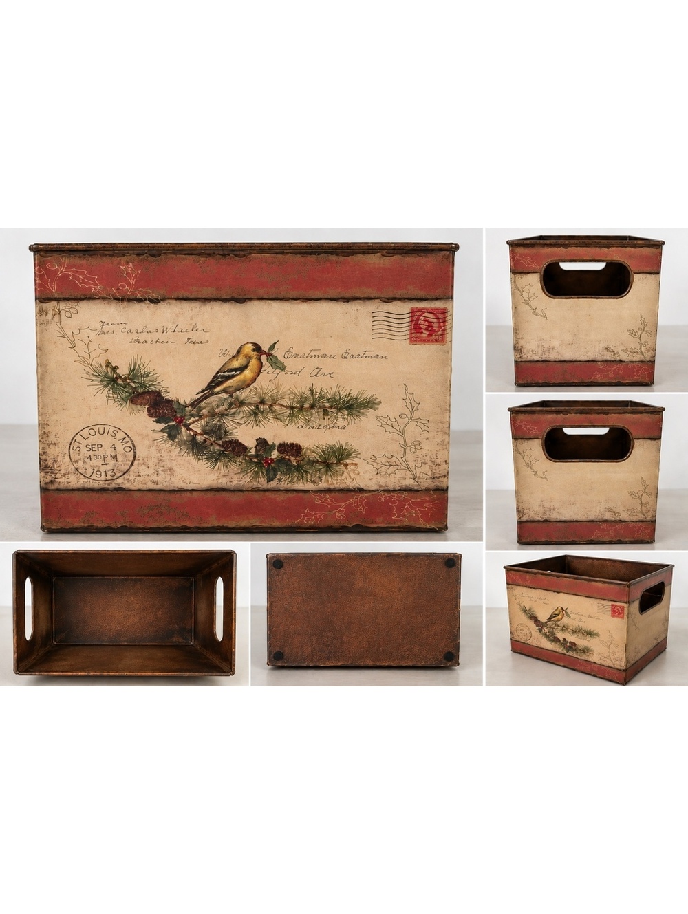 Vintage Style Christmas Bird Postcard Magazine Holder Storage Bin